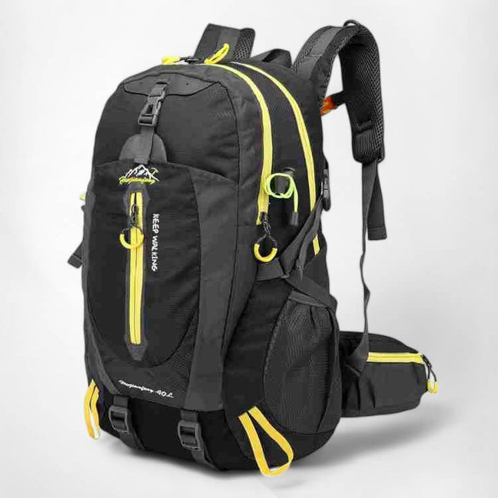 Durable black 40L waterproof hiking backpack for men & women. Great outdoor gear & travel pack.