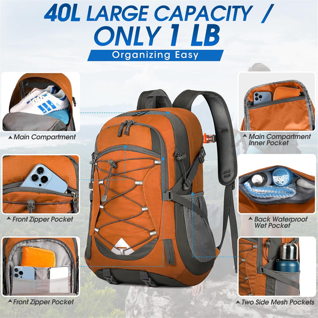 Explore more with this 40L waterproof hiking backpack, lightweight & packable.