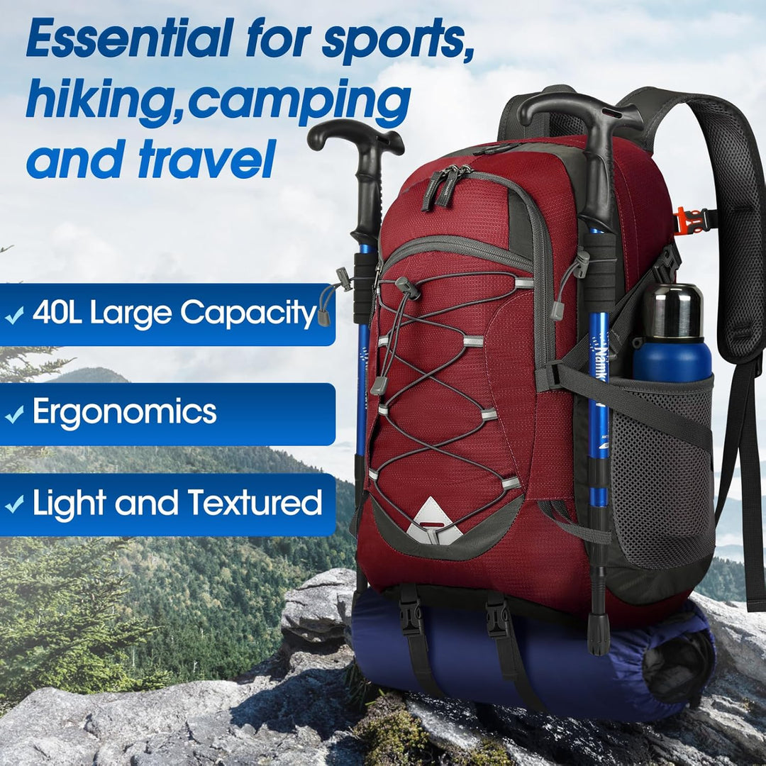 Comfortable 40L waterproof hiking backpack, packable for long treks & travel.