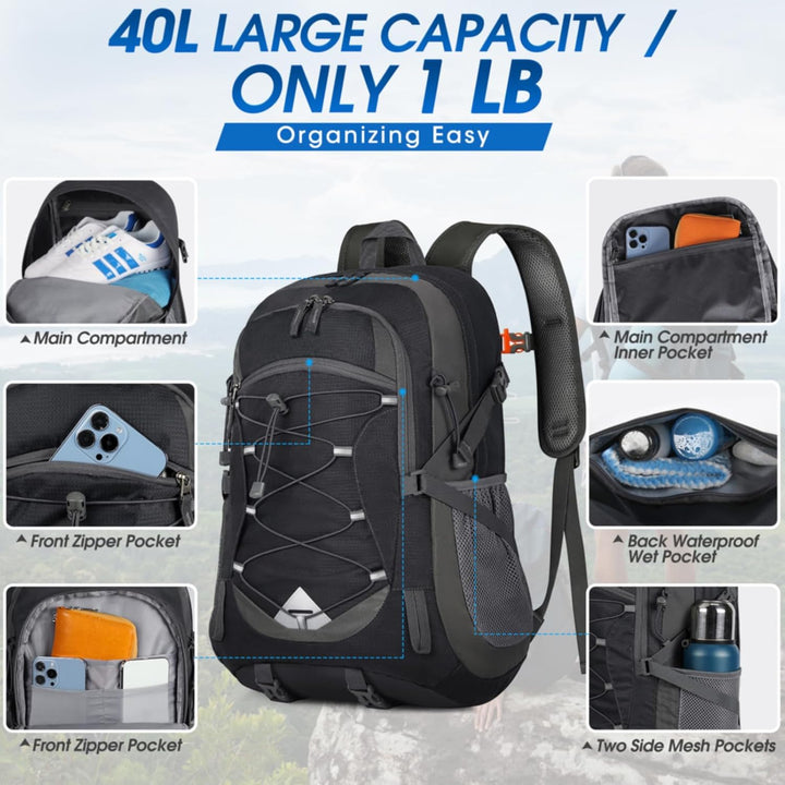 Lightweight 40L waterproof hiking backpack, essential packable camping bag & travel gear.