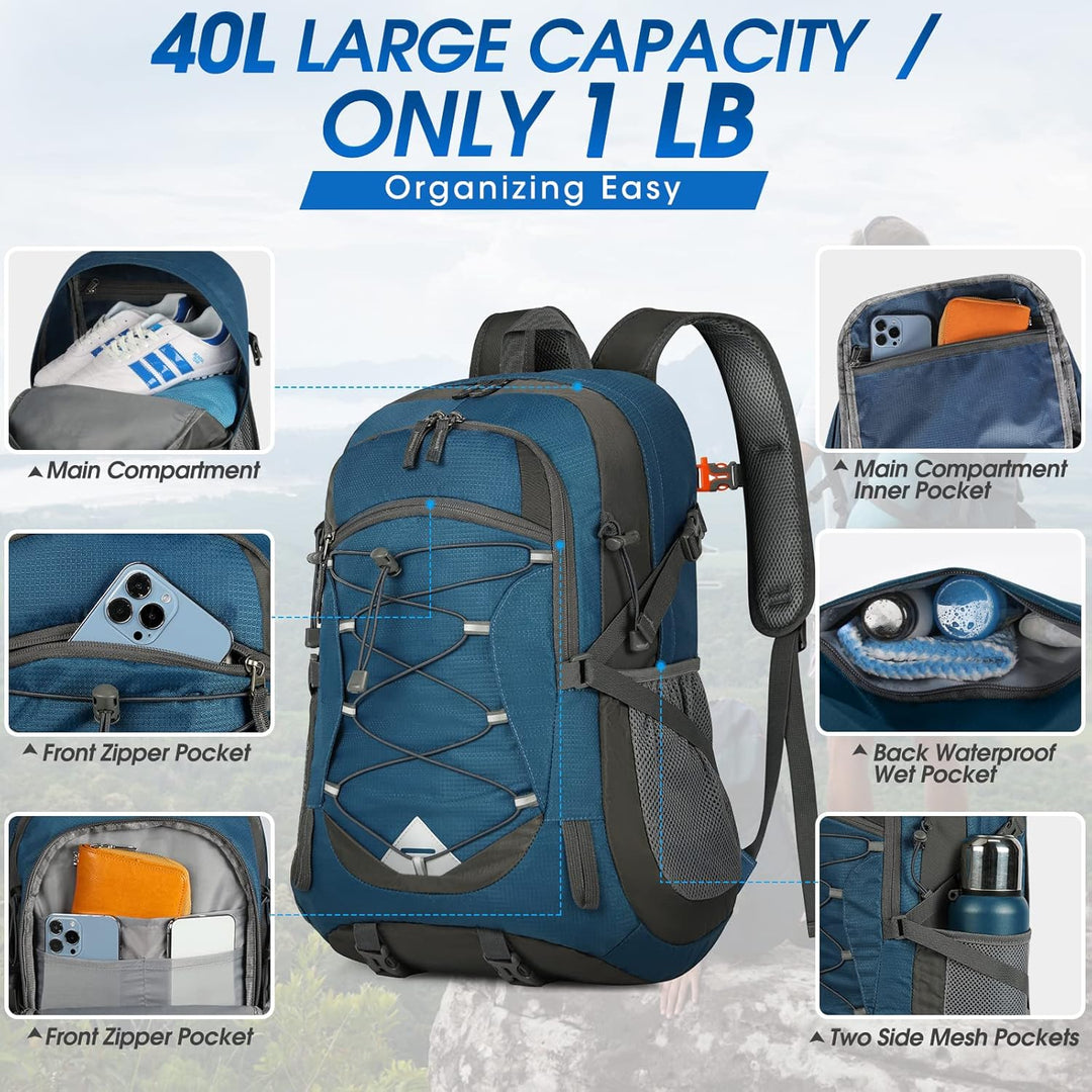 Functional 40L waterproof hiking backpack, packable outdoor gear for any journey.