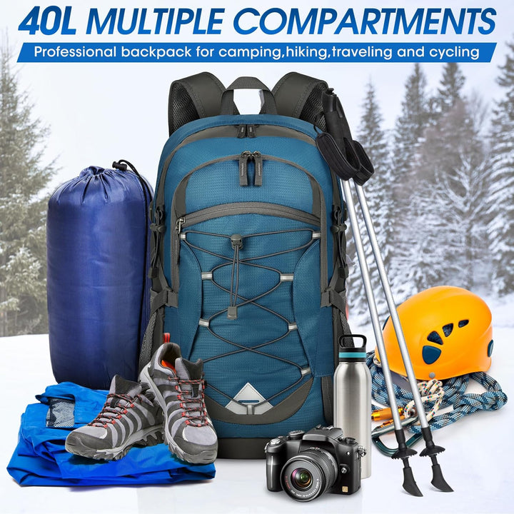 Breathable 40L waterproof hiking backpack, lightweight & comfortable camping bag.