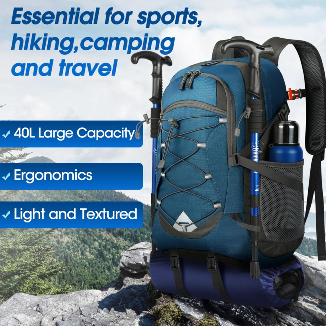 Compact 40L waterproof hiking backpack, packable for easy storage & travel.