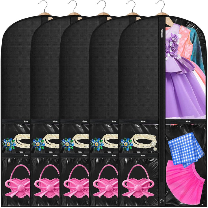 Unisex 5-pack garment bags with clear pockets & fold loop for suit, dress, costume storage & travel.