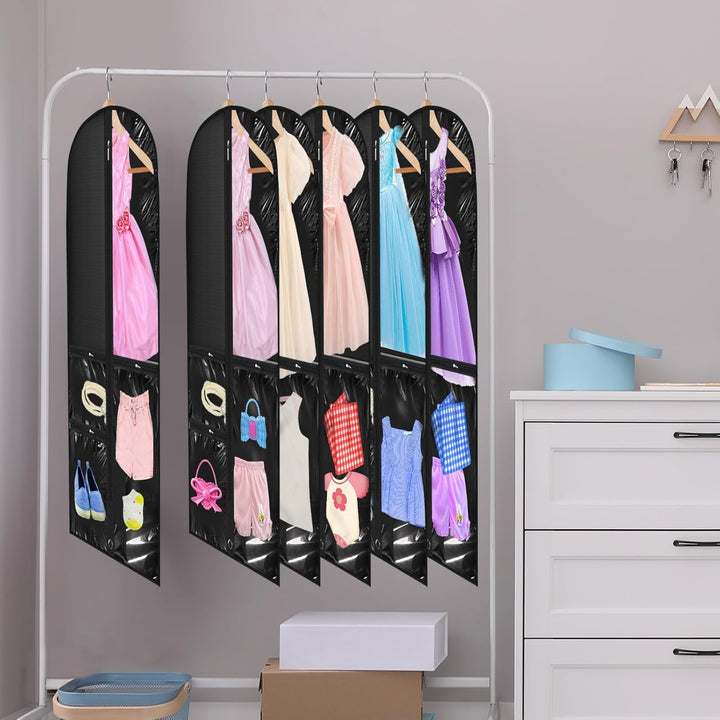 5 PEVA garment bags with clear pockets, dust protection. Ideal for costumes, suits & easy content ID.