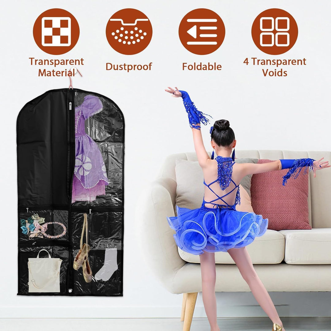 5-pack clear garment bags for dancewear, suits, dresses. Fold loop & accessory pockets for travel storage.