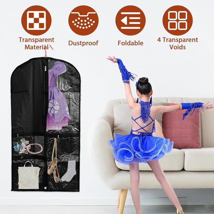 5-pack clear garment bags for dancewear, suits, dresses. Fold loop & accessory pockets for travel storage.