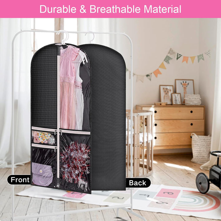 Set of 5 foldable garment bags with clear accessory pockets. Ideal for travel, costume, or suit protection.