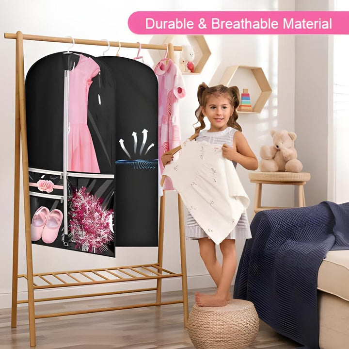 Durable PEVA garment bag 5-pack with clear pockets & fold loop for costumes, suits, dresses, travel & home.