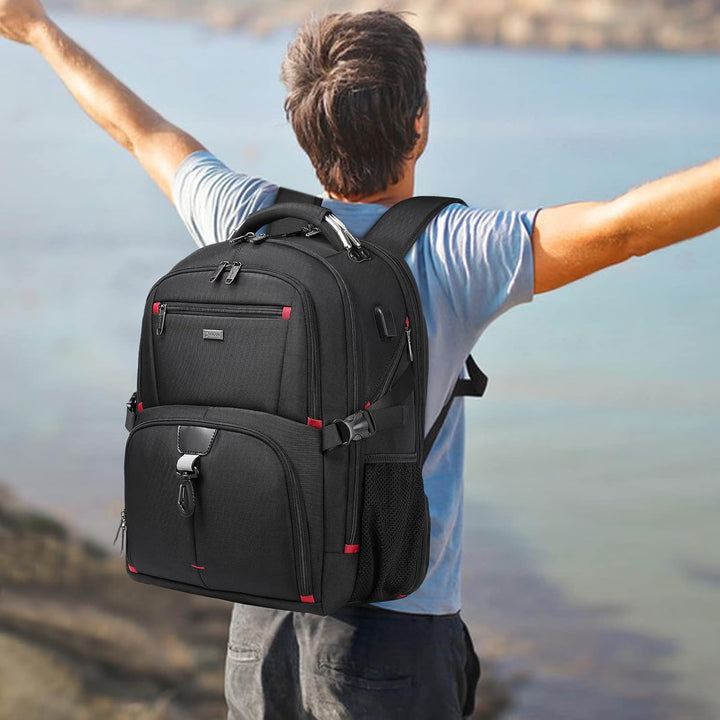 Unisex 50L extra-large travel laptop backpack with USB charging port, perfect for carry-on and school.