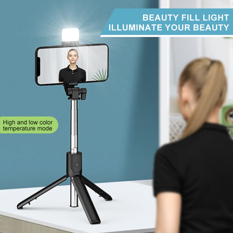 Unisex 6-in-1 Bluetooth selfie stick tripod with fill light for vlogging & photography