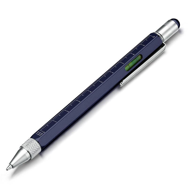 The 6-in-1 multi-tool stylus pen disassembled to show screwdriver bits. Innovative office supplies.