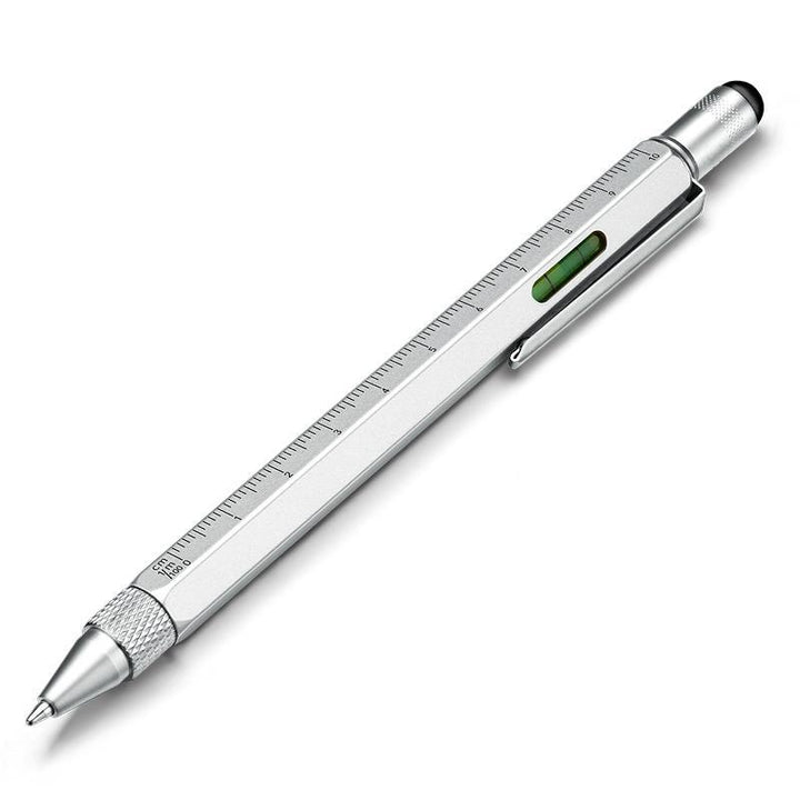 Multi-tool stylus pen with a visible spirit level, perfect for quick alignments. Essential hand tool.