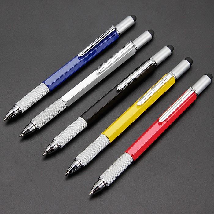 Aluminum multi-tool stylus pen for touchscreens, featuring screwdriver & bubble level. Great tech accessory.