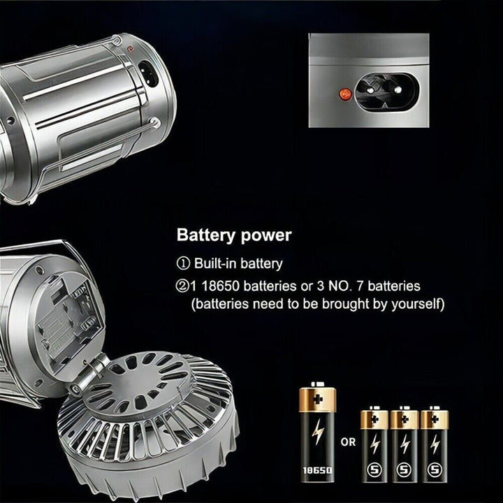 Adventure-ready solar LED lantern and fan combo, perfect for camping, hiking, and power outages