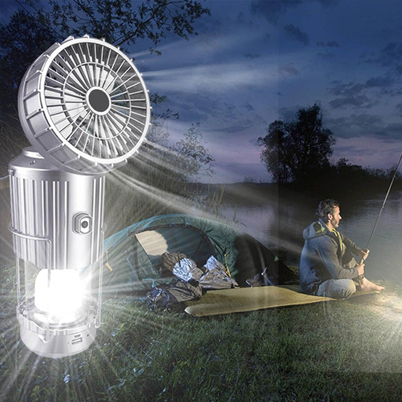 Portable LED light and fan for camping, featuring long-lasting battery and solar recharge capability