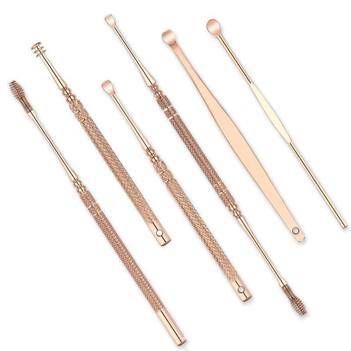Rose gold stainless steel ear pick set with 6 tools for safe earwax removal