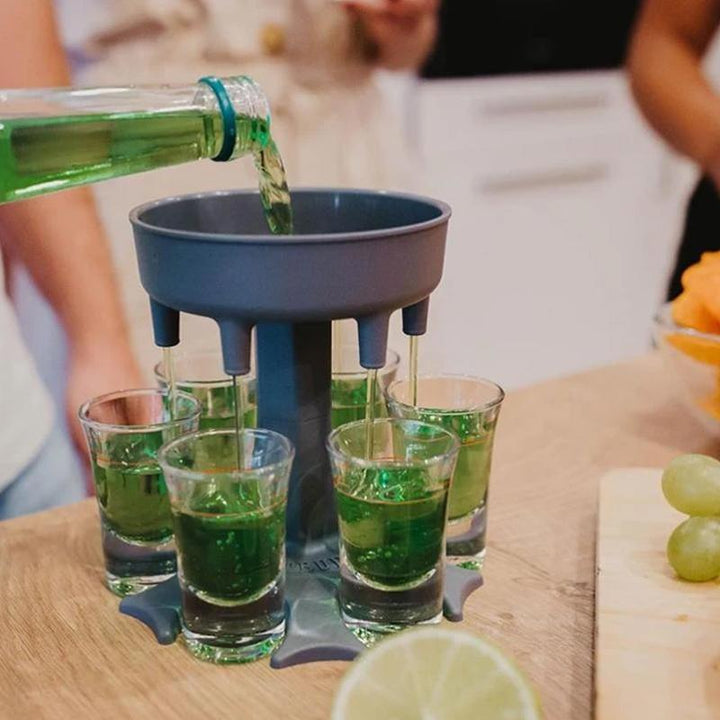 Shot dispenser with 6 slots and a convenient carrier, a must-have for home bar drinkware.
