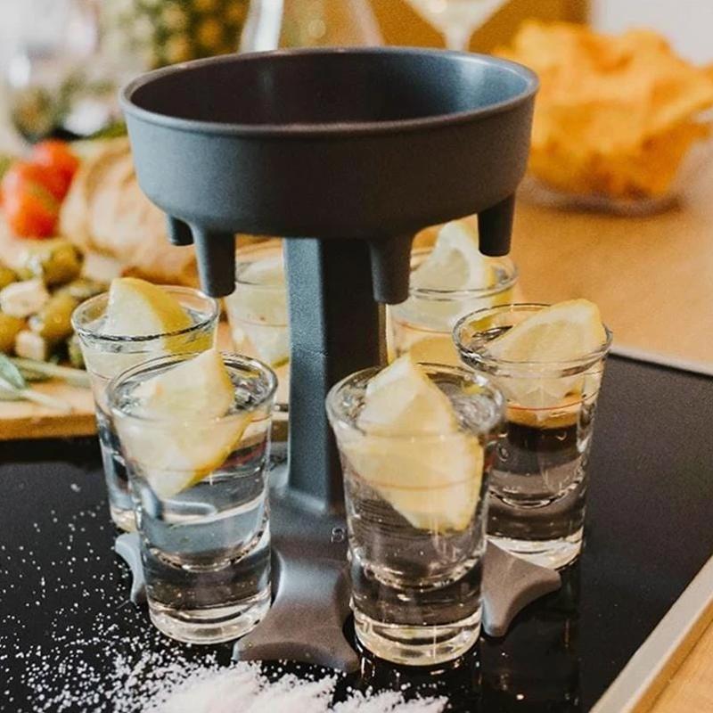 Party host essential: 6-shot glass dispenser for easy serving of drinks and bar accessories.