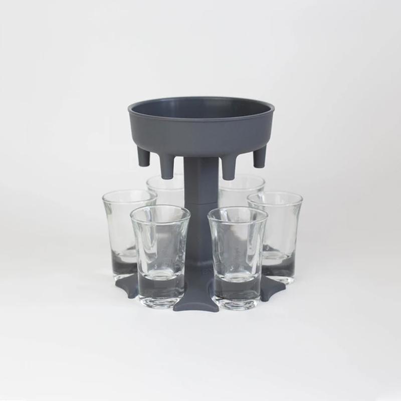 Unisex shot glass dispenser for six, complete with a sturdy carrier, great for all parties.
