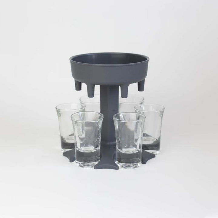 Unisex shot glass dispenser for six, complete with a sturdy carrier, great for all parties.