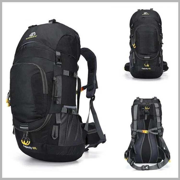 Unisex 60L waterproof adventure backpack for hiking, camping, and travel. Durable gear for outdoor expeditions.