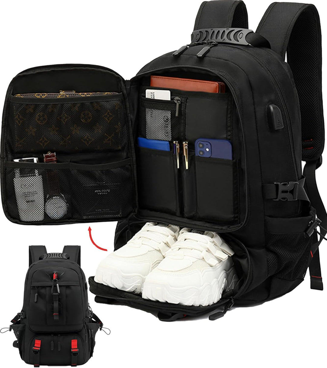 Unisex 60L waterproof travel backpack with USB charging port & dedicated shoe compartment.