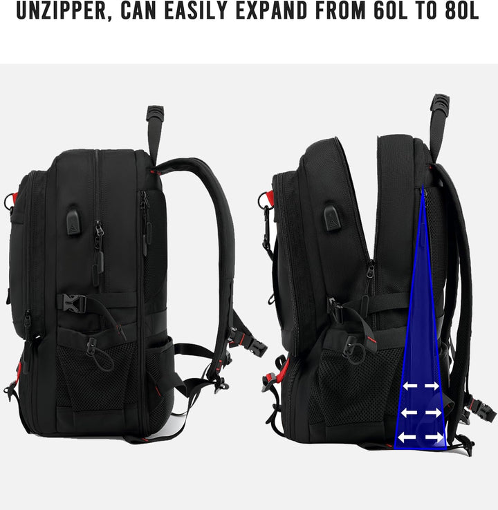 Durable 60L outdoor travel backpack, water resistant, featuring laptop sleeve, shoe compartment, & convenient USB port.