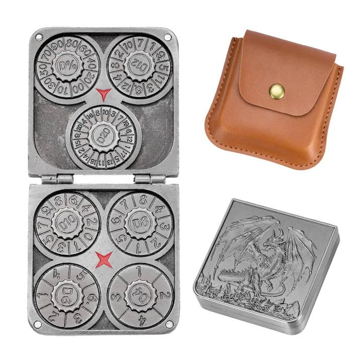 Unique 7-in-1 Folding Dice Spinner in ancient bronze. Metal GyroShard gaming accessory enhances tabletop RPGs.