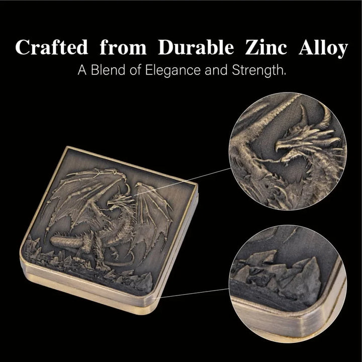 Compact 7-in-1 metal dice spinner. Polyhedral ancient bronze GyroShard for tabletop gaming and fidget accessory.