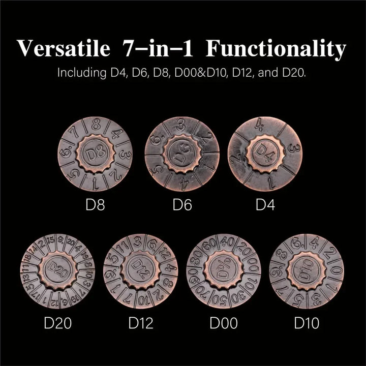 Multi-functional 7-in-1 Folding Dice Spinner. Ancient bronze metal GyroShard for RPG, D&D, and tabletop gaming.