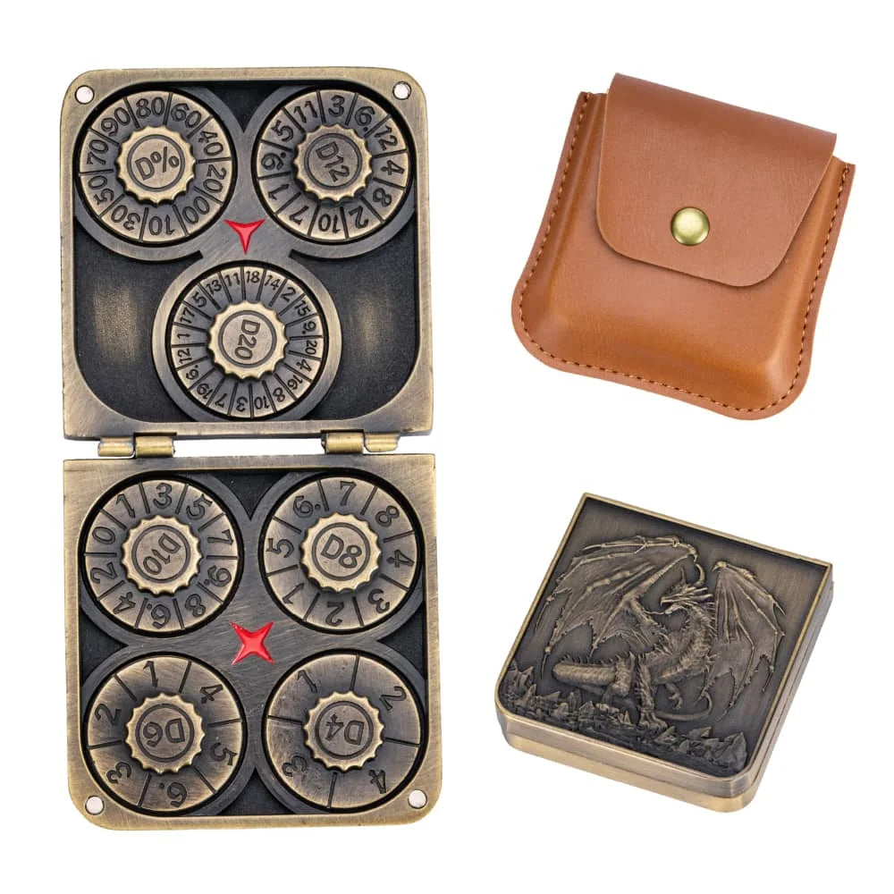 Dynamic ancient bronze 7-in-1 Folding Dice Spinner. Metal GyroShard fidget toy for immersive tabletop RPGs.