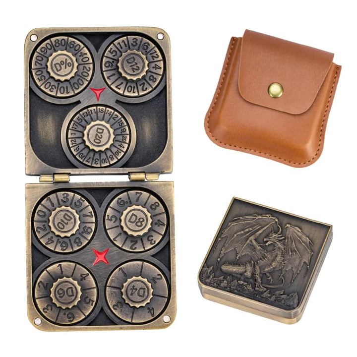 Dynamic ancient bronze 7-in-1 Folding Dice Spinner. Metal GyroShard fidget toy for immersive tabletop RPGs.
