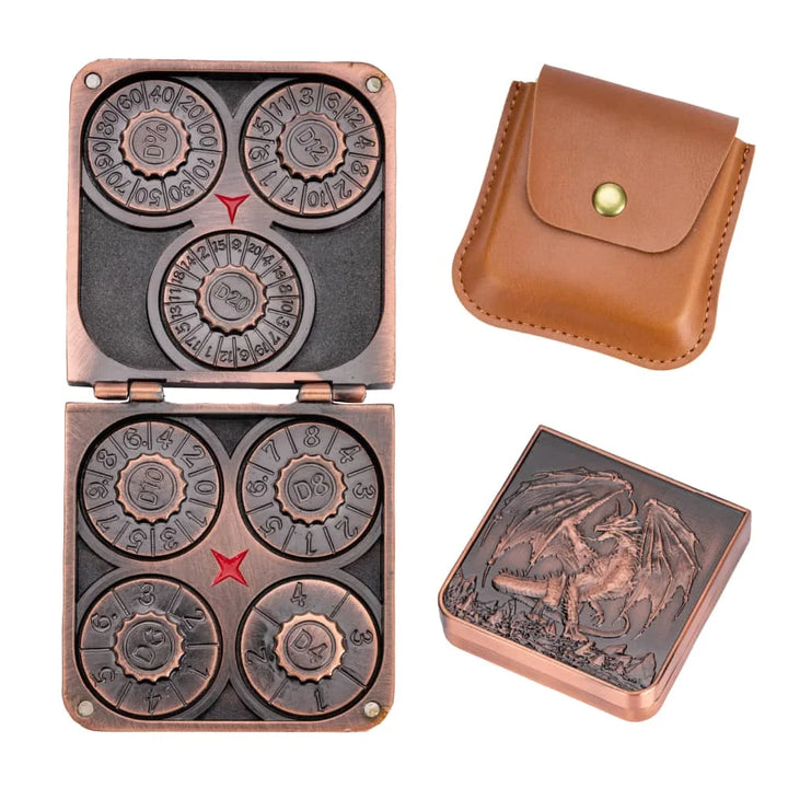 Essential ancient bronze 7-in-1 Folding Dice Spinner. Metal GyroShard for D&D, RPG, and all tabletop gaming.