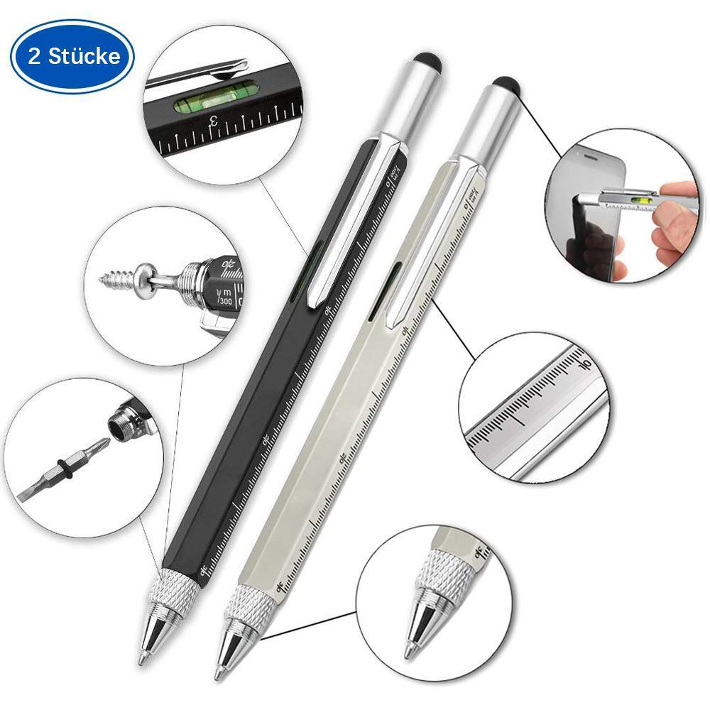 Close-up of a silver multifunction pen, showcasing its integrated screwdriver, ruler, and spirit level features.