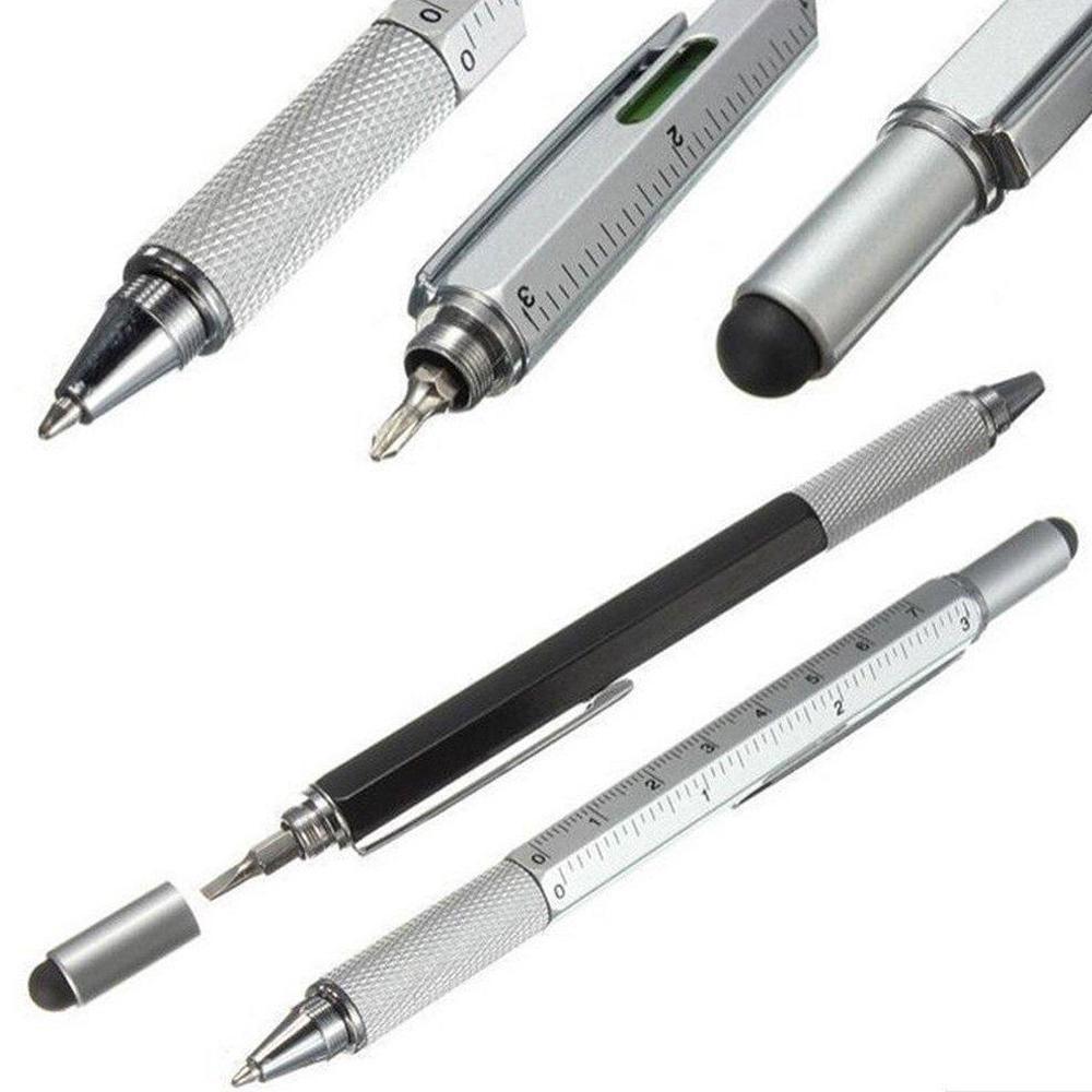 Hand holding a black 7-in-1 tool pen, demonstrating its touchscreen stylus functionality.