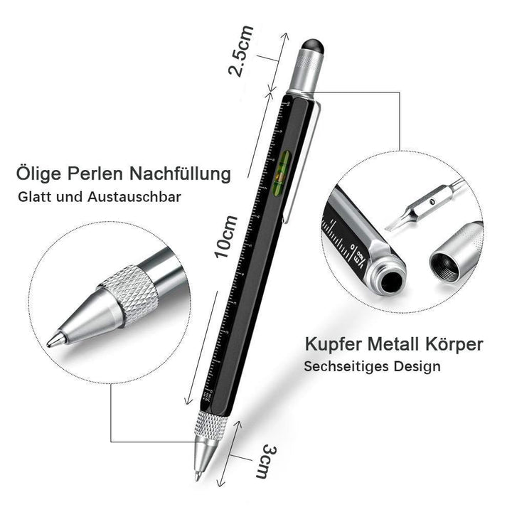 Multifunction pen in a workshop setting, emphasizing its practicality as a screwdriver gadget.