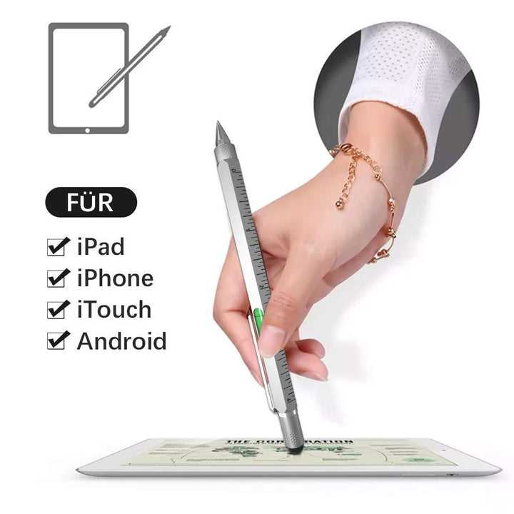 Engraved multifunction pen acting as a pocket tool, ideal for architects and DIY enthusiasts.