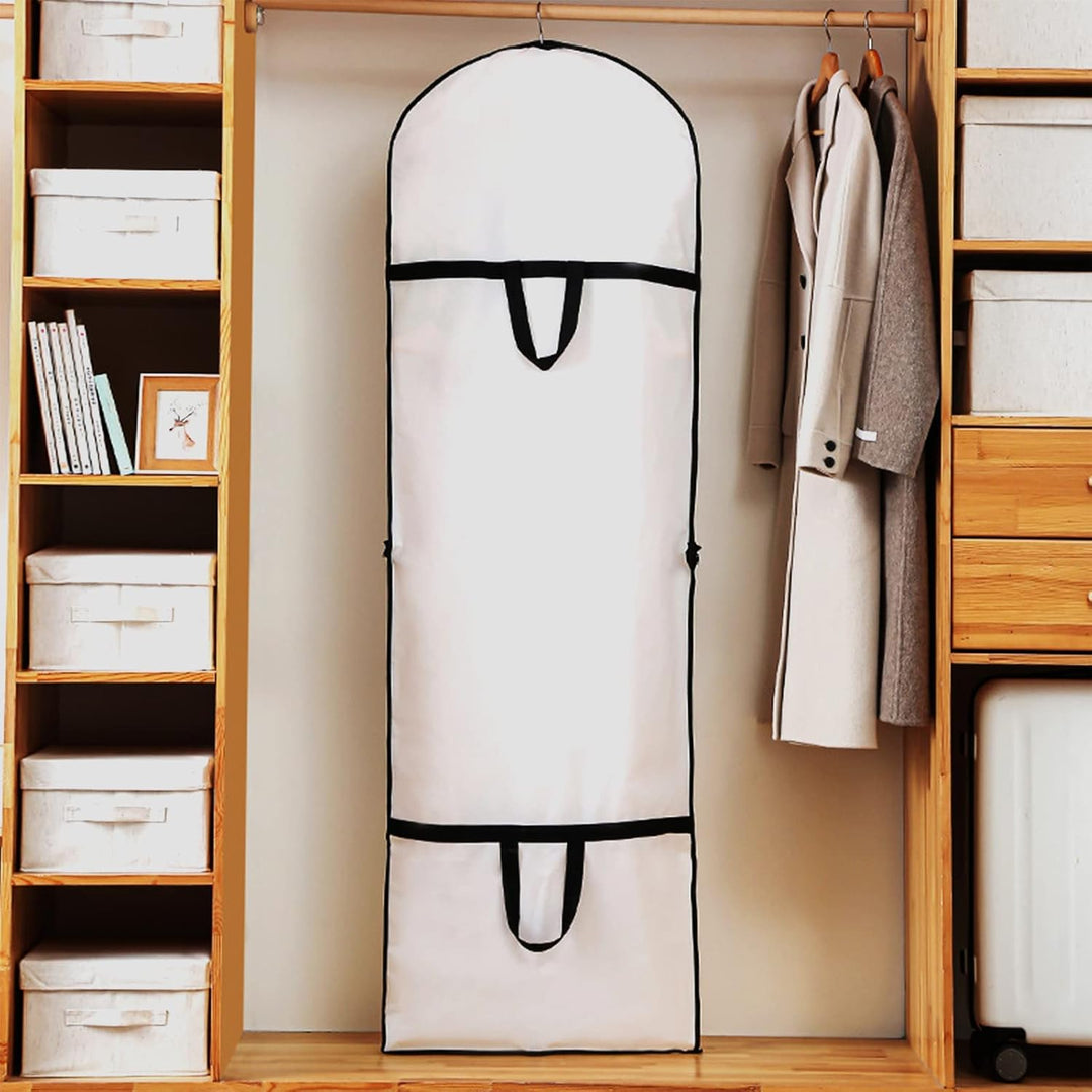 Durable 71" dress cover, extra-long, for safe gown & suit storage. Wardrobe organization solution.