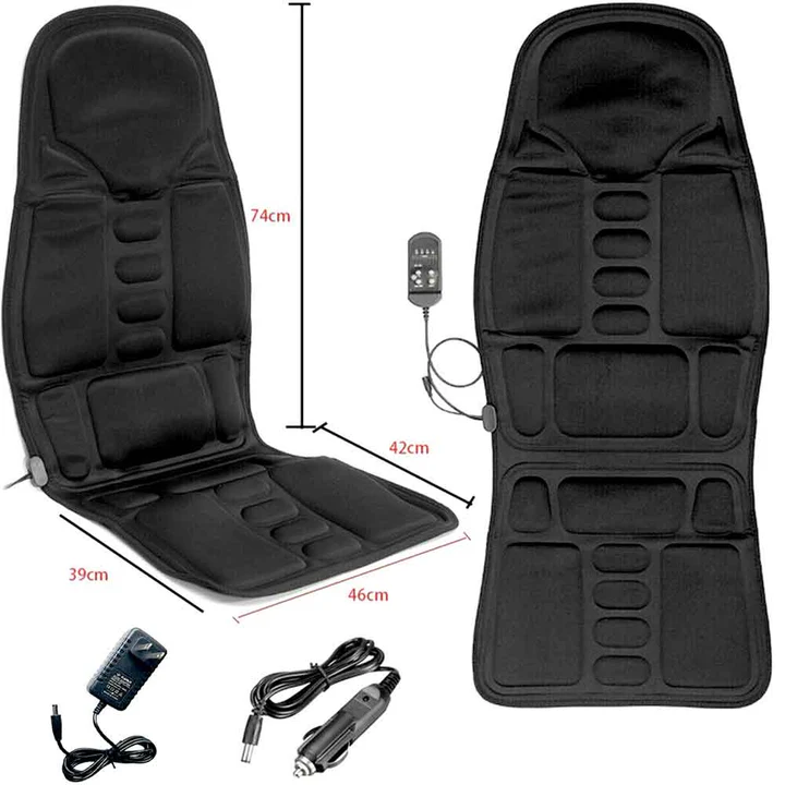Portable heated massage chair pad, perfect for car or office, providing back & neck stress relief on-the-go.