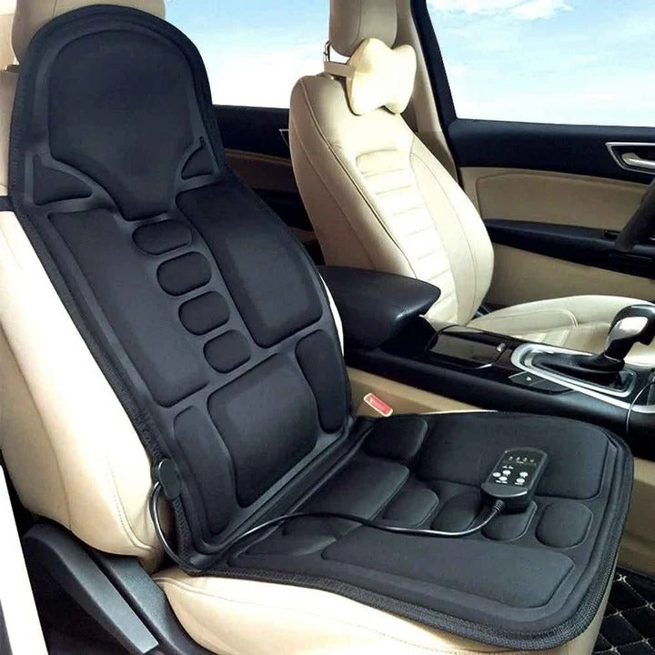 Ergonomic black massage chair pad with heat, fits most chairs, offering powerful back & neck muscle relief.