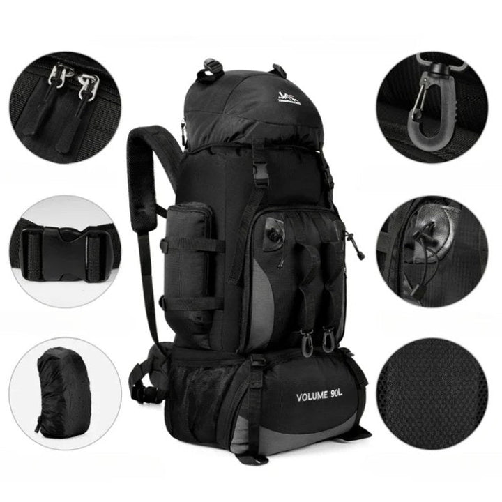 Durable waterproof fabric on a 90L lightweight hiking backpack, perfect for camping gear & travel.
