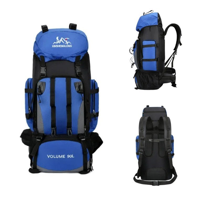 Large 90L waterproof hiking backpack packed for a multi-day outdoor adventure, ideal for trekking.