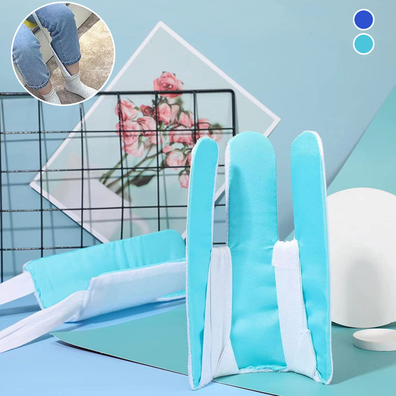 Close-up of sock aid device, highlighting flexible blue plastic shell and easy-grip foam handles