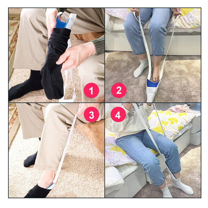 Elderly individual using the sock aid device independently, promoting self-sufficiency in dressing