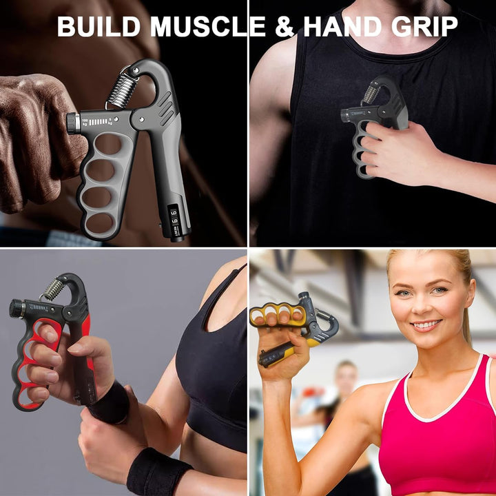 Strength training hand trainer with adjustable resistance for forearm, hand, and arm muscle building.