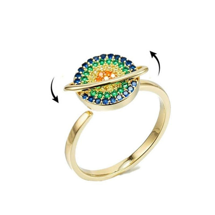 Gift box containing a unisex adjustable spinning galaxy fidget ring, an ideal present for anxiety relief and style