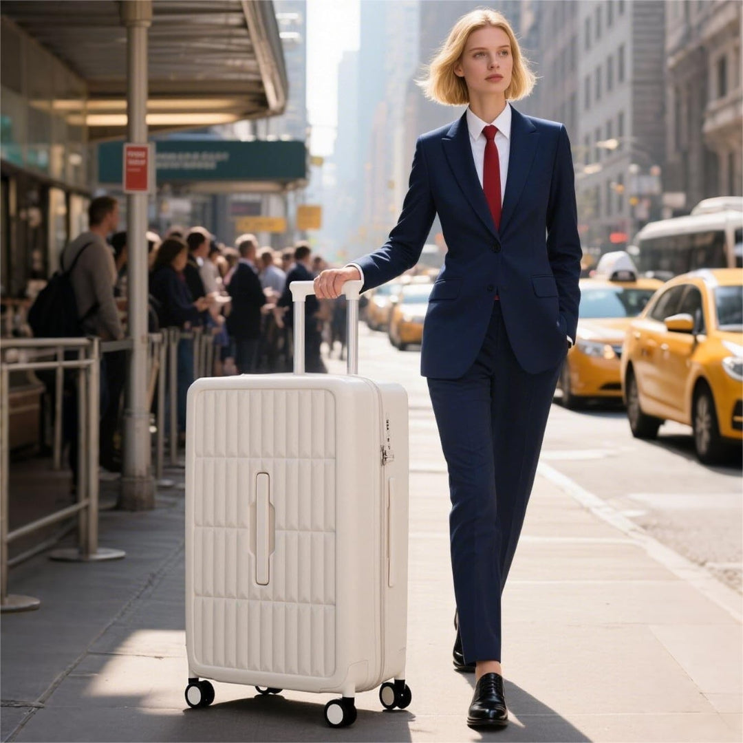 Efficient 3:7 split design carry-on, airline-approved 20" spinner for organized travel.
