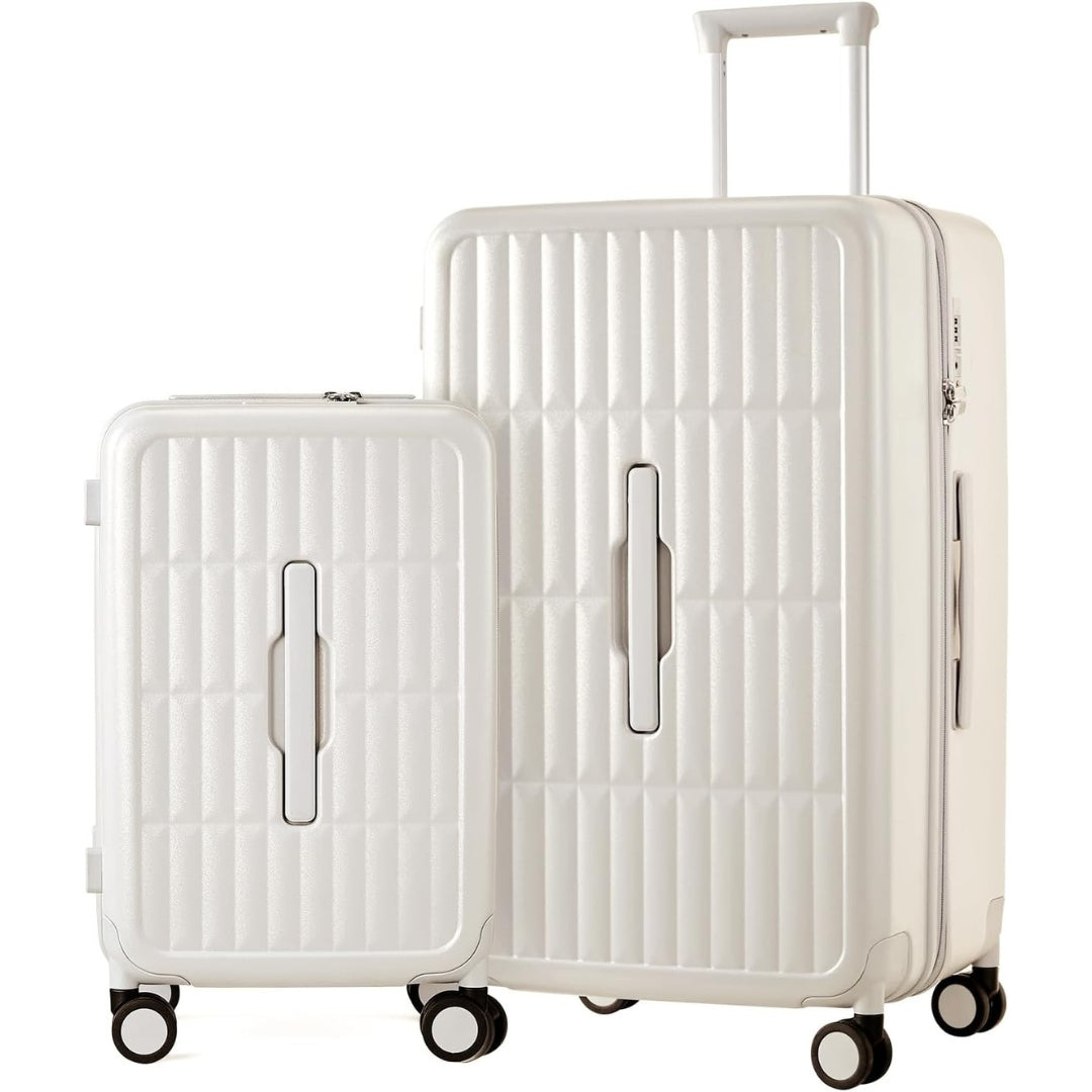 Airline-approved 20" hardshell spinner luggage with a unique 3:7 deep split design.