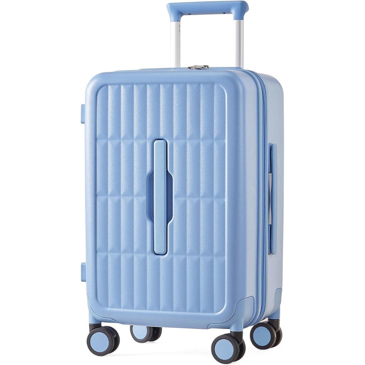 Modern spinner suitcase, 20-inch airline-approved carry-on with deep split organization.